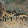 French Impressionist Village Square Market Day with Bustling Figures