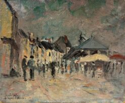 French Impressionist Village Square Market Day with Bustling Figures