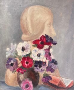Still Life with Bust Sculpture Vibrant Anemone Flowers and Folded Book