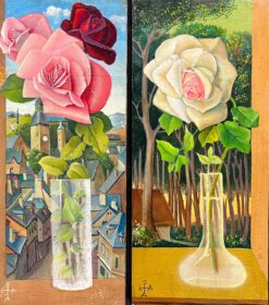 Pair Mid 1900-1999 French Still Life Painting Ornate Flowers in Glass Vase