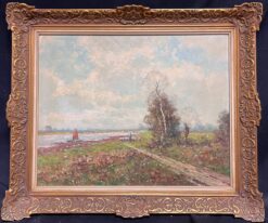 Shepherd Herding Sheep by the River's Edge Landscape Framed Oil Painting 1950's