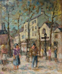French Impressionist Charming Village Scene with Figures Strolling