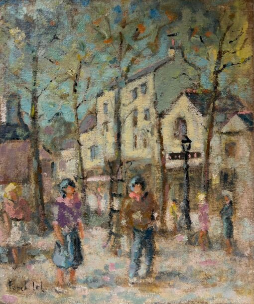 French Impressionist Charming Village Scene with Figures Strolling