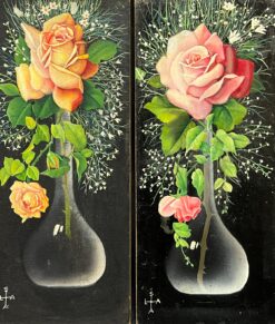 Pair Mid 1900-1999 French Still Life Painting Ornate Flowers in Glass Vase
