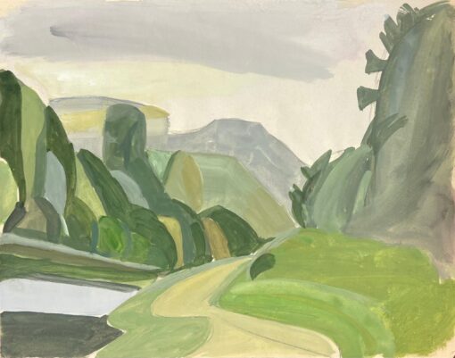 Mid 20th French Modernist Landscape with Rolling Hills and Path in Muted Green