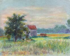 Mid 1900-1999 French Countryside Pastel Landscape of a Farmhouse In Field