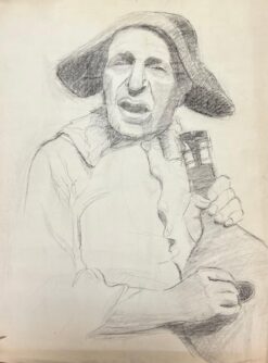 Mid Century French Sketch of a Singing Figure with a Broad Brimmed Hat