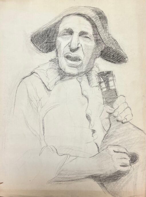 Mid Century French Sketch of a Singing Figure with a Broad Brimmed Hat