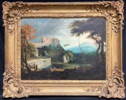 Antique English Grand Tour Old Master Oil Figures  Classical Arcadian Landscape