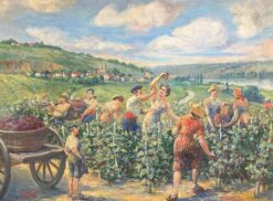 The Grape Harvest Large 1920's French Signed Oil Harvest Workers Vineyard