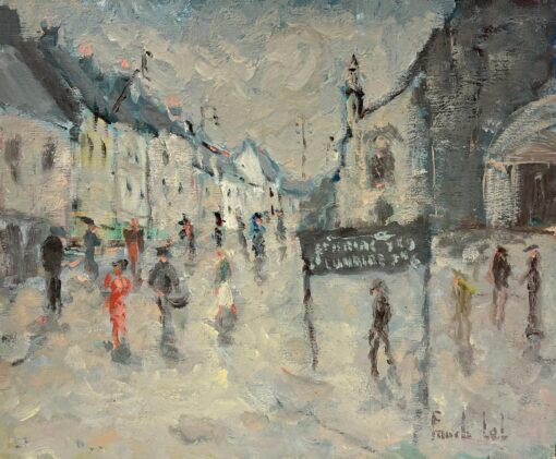 French Impressionist Grey Rainy Day In A Bustling Village Street Oil Painting