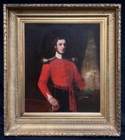1850's Portrait of British Officer in Red Military Uniform Antique Oil Painting
