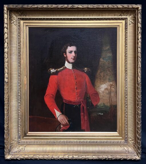 1850's Portrait of British Officer in Red Military Uniform Antique Oil Painting