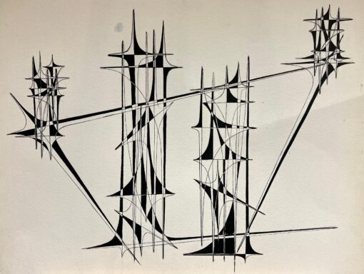 1900-1999 French Geometric Abstract Composition Ink Drawing 1970's