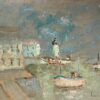 Impressionist Rainy Harbor Coastal Scene with Lighthouse Landscape