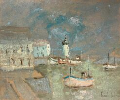 Impressionist Rainy Harbor Coastal Scene with Lighthouse Landscape