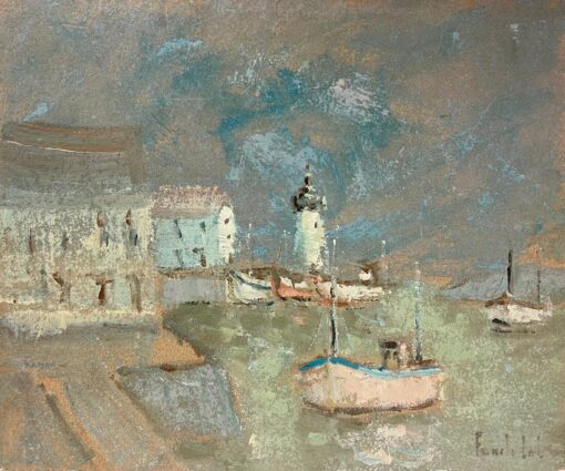 Impressionist Rainy Harbor Coastal Scene with Lighthouse Landscape