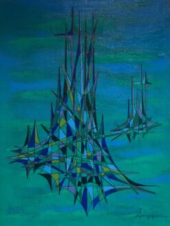 1900-1999 French Geometric Abstract Composition Oil Painting Green Turquoise