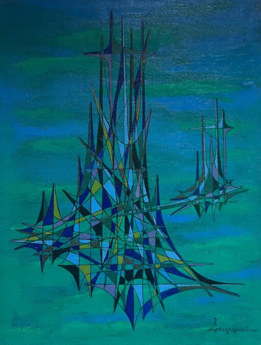 1900-1999 French Geometric Abstract Composition Oil Painting Green Turquoise