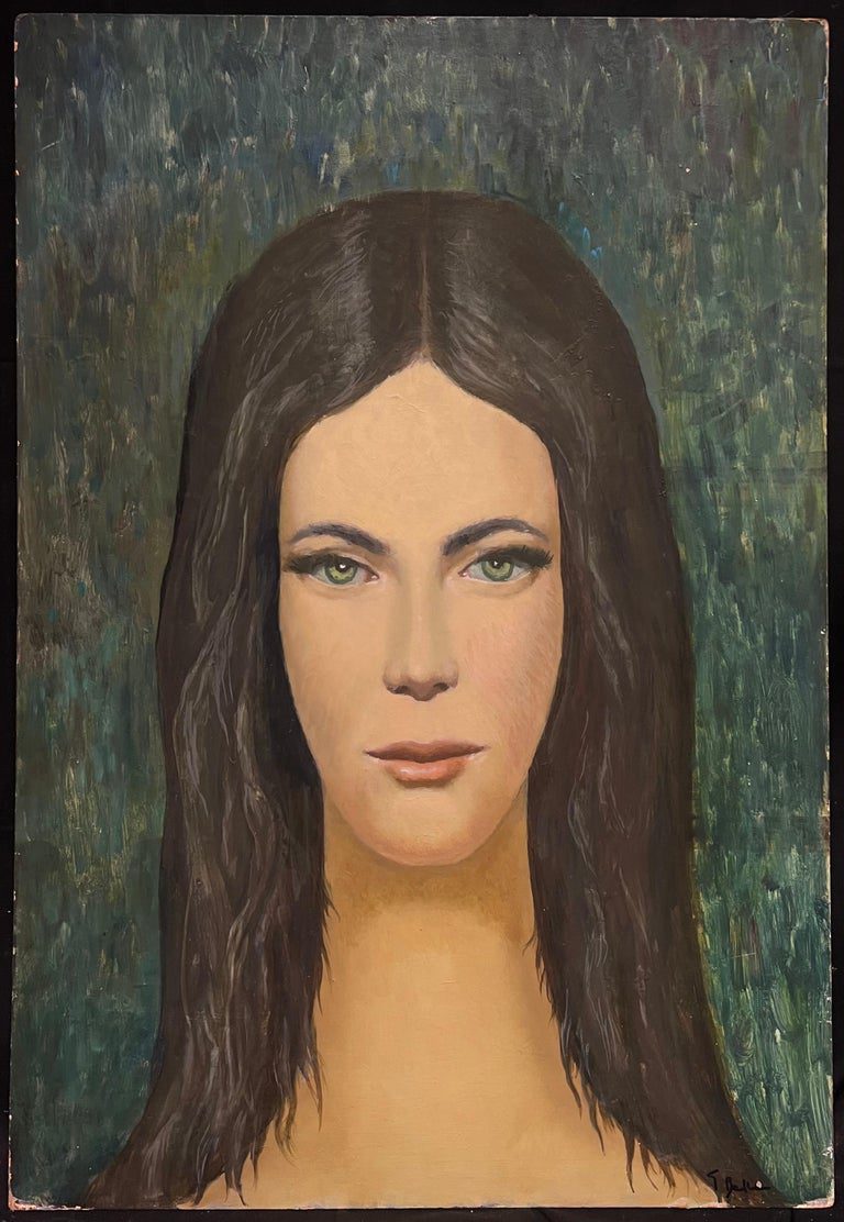 1960's French Modernist Oil Painting Portrait of Young Lady Direct Gaze - Image 4