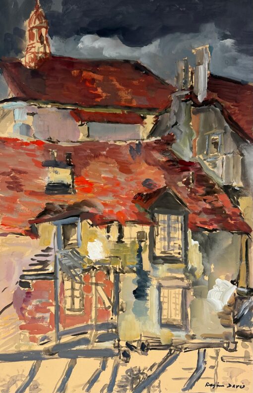 Stormy Rooftops A Dramatic View of Red-Tiled Roofs Under a Dark Sky