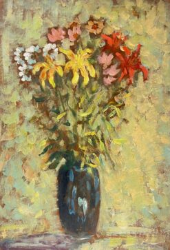 Impressionist Floral Still Life Vibrant Bouquet in a Dark Vase Oil Painting