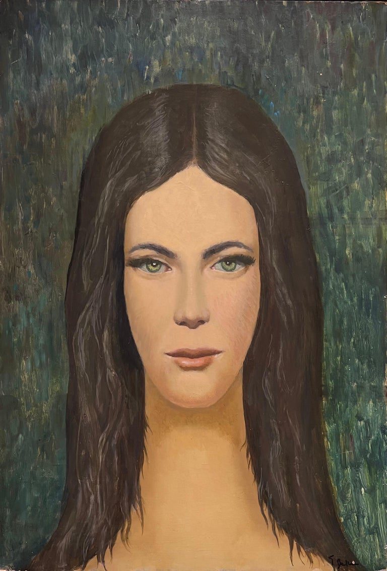 1960's French Modernist Oil Painting Portrait of Young Lady Direct Gaze - Image 2