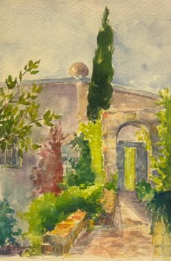 Villa Hyères Garden Scene with Cypress and Stone Archway Vibrant Watercolor