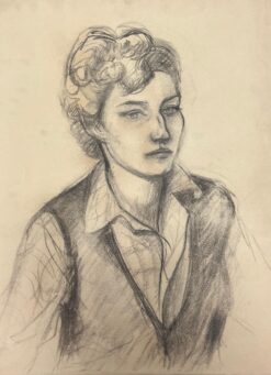 Mid Century French Charcoal Portrait of a Thoughtful Woman