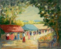 French Impressionist Vibrant French Village Market Scene Oil Painting