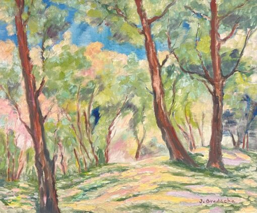 Sunlit Woodland Landscape Large 1970's French Impressionist Oil Painting