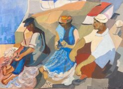 Fisherfolk Tending Nets Marseille Harbor 1960's French Signed Modernist Oil