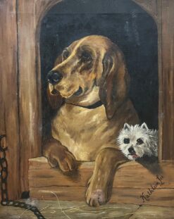 Antique Portrait of Hound and Terrier Dogs in Kennel Oil Painting after Landseer