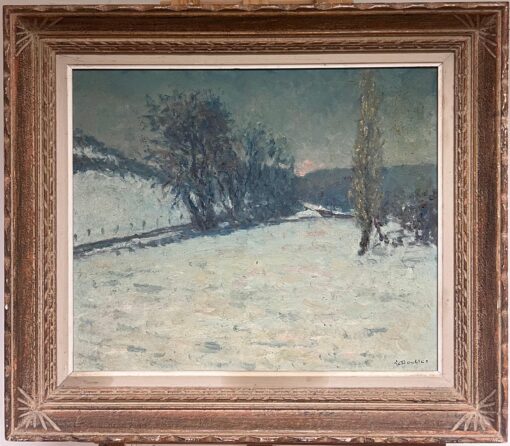 Antique French Impressionist Winter Landscape Snow Covered Fields Oil Painting