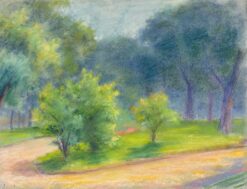 Mid 1900-1999 Sunlit Path Through a Verdant Park: A Pastel Landscape of Trees