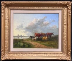 1800-1899 English Pastoral Oil Painting Cattle Resting by River at Sunset