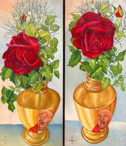 Pair Mid 1900-1999 French Still Life Painting Ornate Roses in Gold Vases