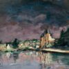 French Impressionist Twilight Purple Sky Over the Harbor Coastal Castle