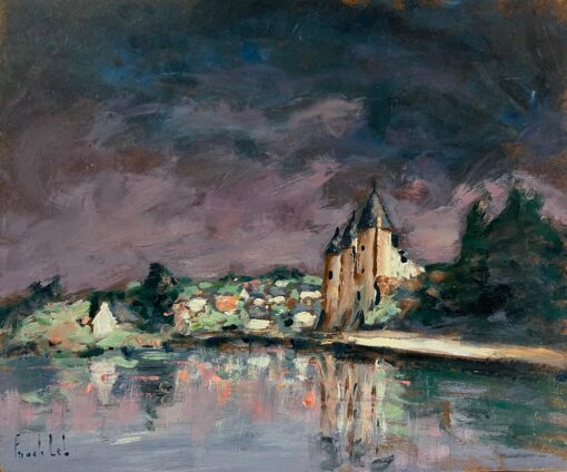 French Impressionist Twilight Purple Sky Over the Harbor Coastal Castle