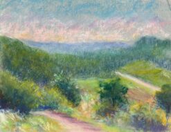 Vibrant Hillside View Pastel Landscape of Rolling Greens and Distant Mountain