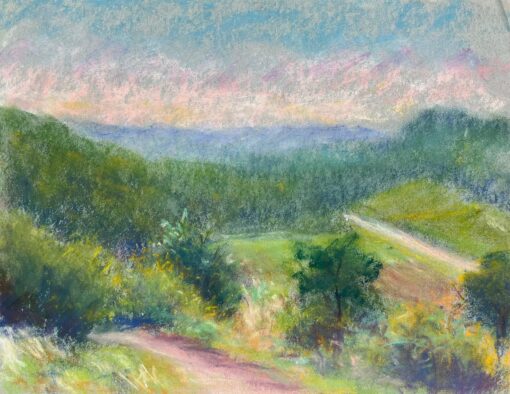 Vibrant Hillside View Pastel Landscape of Rolling Greens and Distant Mountain