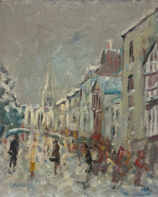 Figures Bustling In a French Street Scene on a Rainy Day Breton Oil Painting