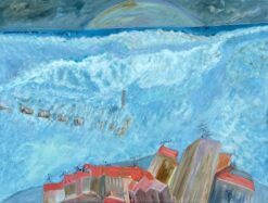 French 1900-1999 Blue Wave Over Orange Roof Town Coastal Landscape