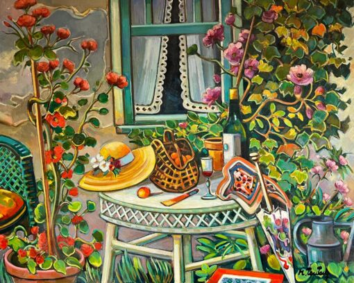 Provencal Garden Window Scene Flowers & Old Hat Huge 1900-1999 French Oil