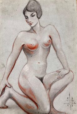 1960's Original French Pastel Sketch Nude Kneeling Nude Study Poised Elegance