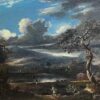 Early 1800's British Oil Painting Figures in Brooding Nocturnal Hilly Landscape