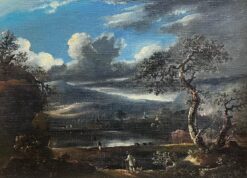 Early 1800's British Oil Painting Figures in Brooding Nocturnal Hilly Landscape