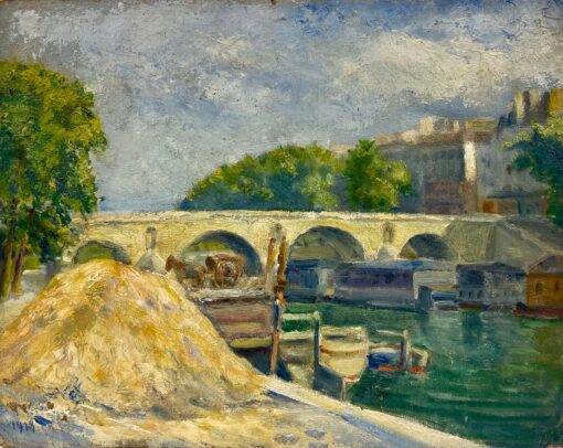Antique French Impressionist Oil Riverbank Hay Barge in Paris Pont Saint-Marie