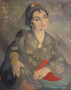 1930's French Post-Impressionist Oil Elegant Portrait of Woman in Floral Attire