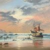 Signed Oil Beach Scene Moored Fishing Boats Crashing Waves Sunset Coastline
